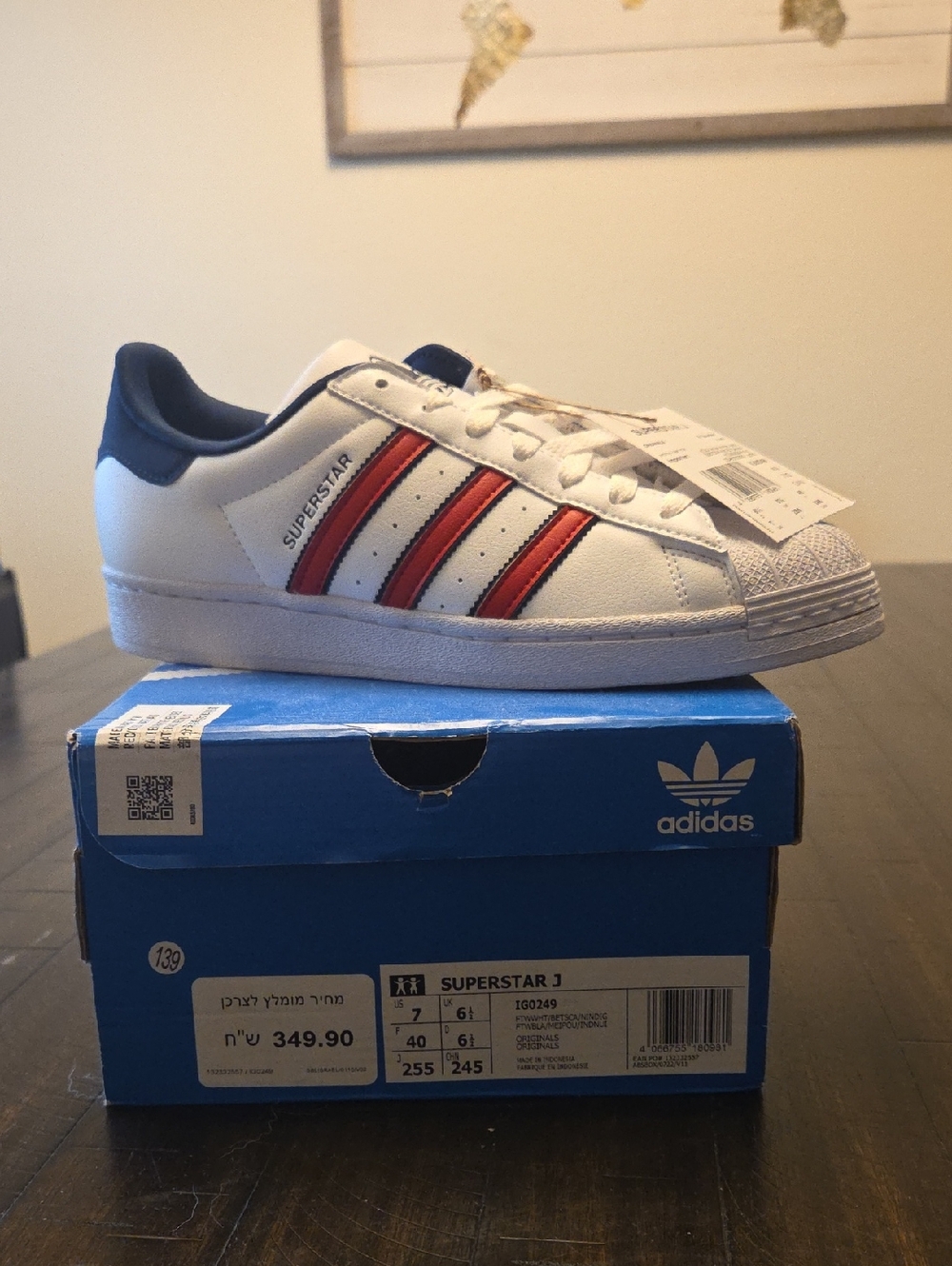 adidas Superstar J Kids White Sneakers with Red Stripes and Navy Heel
